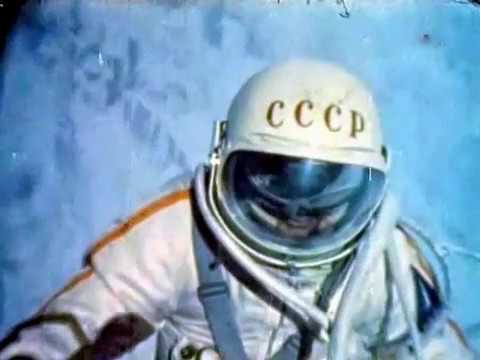 First man in space. Spacewalk, Alexey Leonov, March 18, 1965. Color footage.