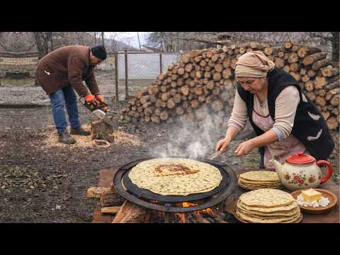 Traditional Green Lavash Bread: Frying Sweet Bread on Over Wood Fire 🔥