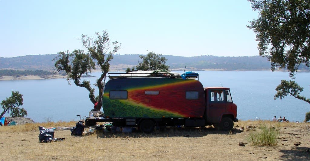 Psychedelic painted bus belonging to Russian visitors, Boom 2004