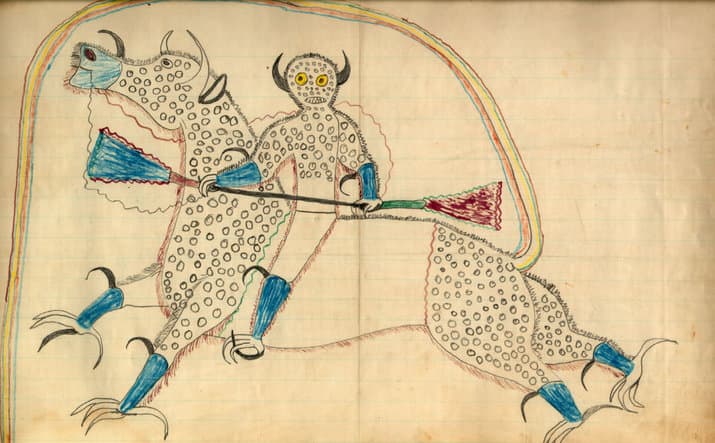 A ledger drawing by Lakota Sioux Chief Black Hawk , depicting a horned Thunder Being ( Haokah