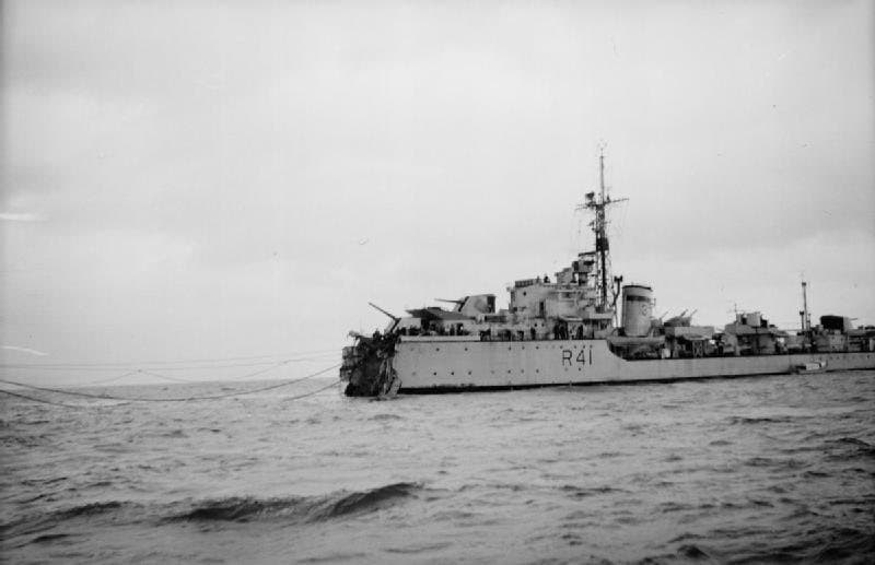 HMS Volage with her bow blown off