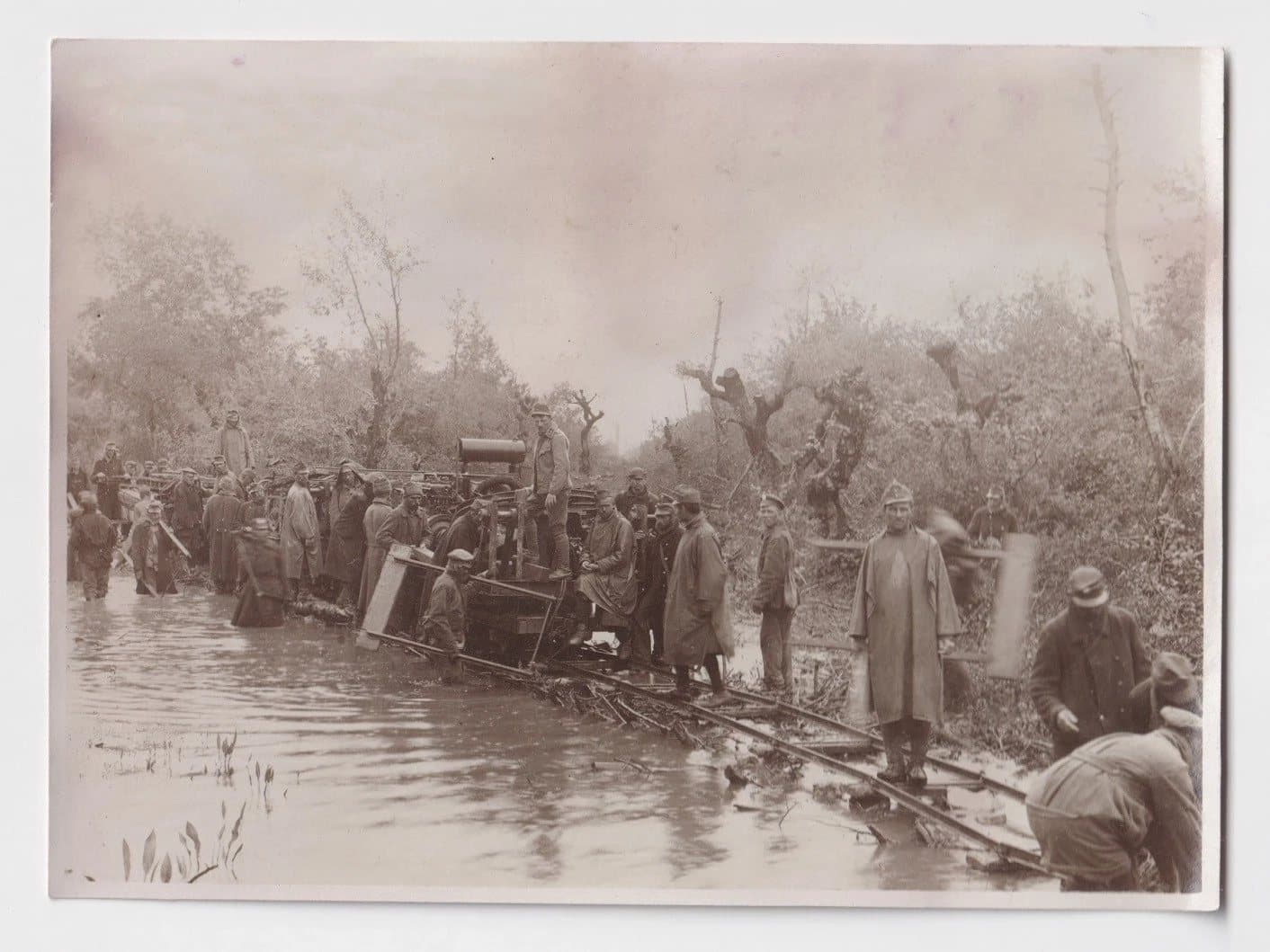 Hauling cableway parts across the marshes, 1916
