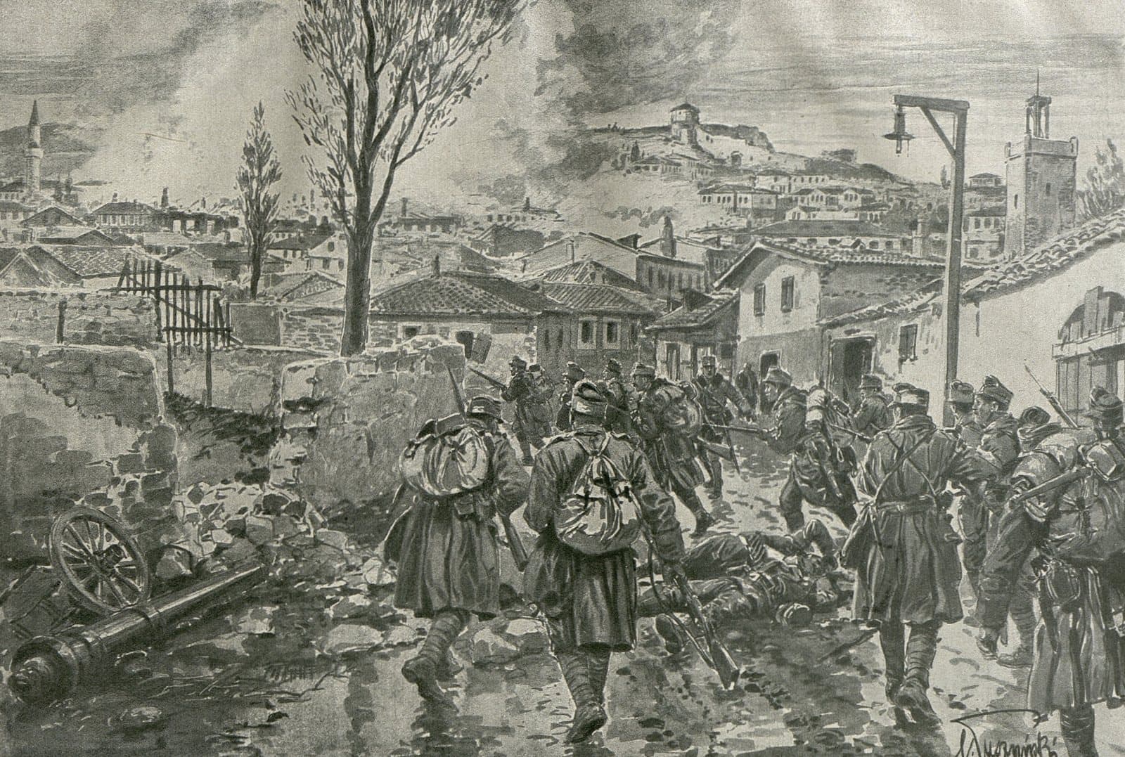 Austro-Hungarian troops enter the burning Durrës