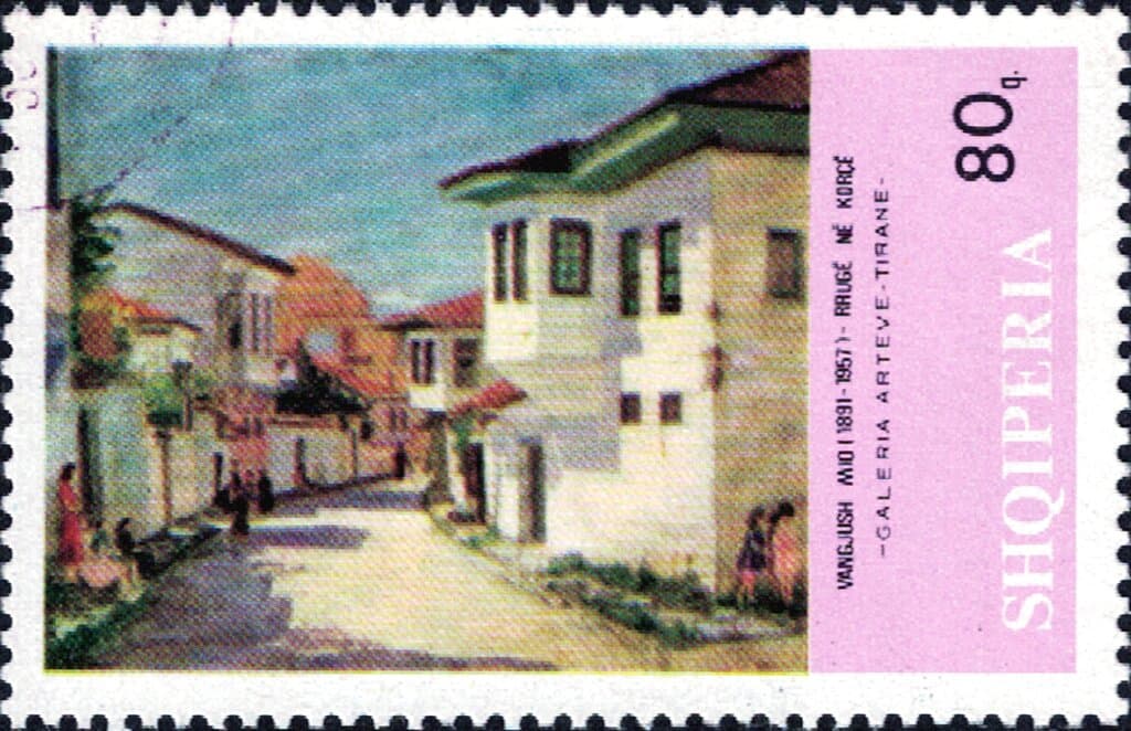 Vangjush Mio - Street in Korçë, 1930 (stamp reproduction)