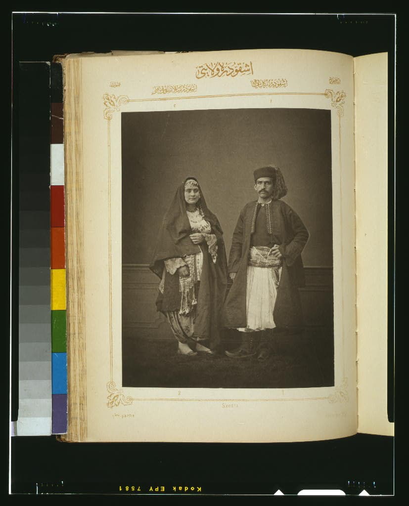 Studio portrait of models in Skodra costume, Ottoman Empire