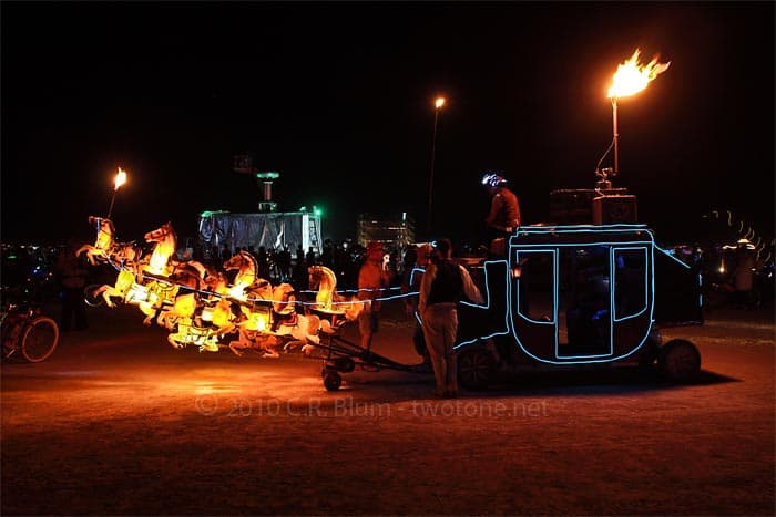 Fire-Breathing Stagecoach Art Car with Glowing Horses