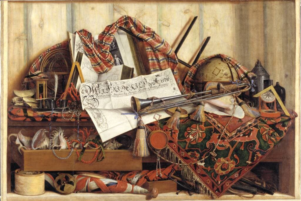 Trompe l'oeil with trumpet, celestial globe and carpet
