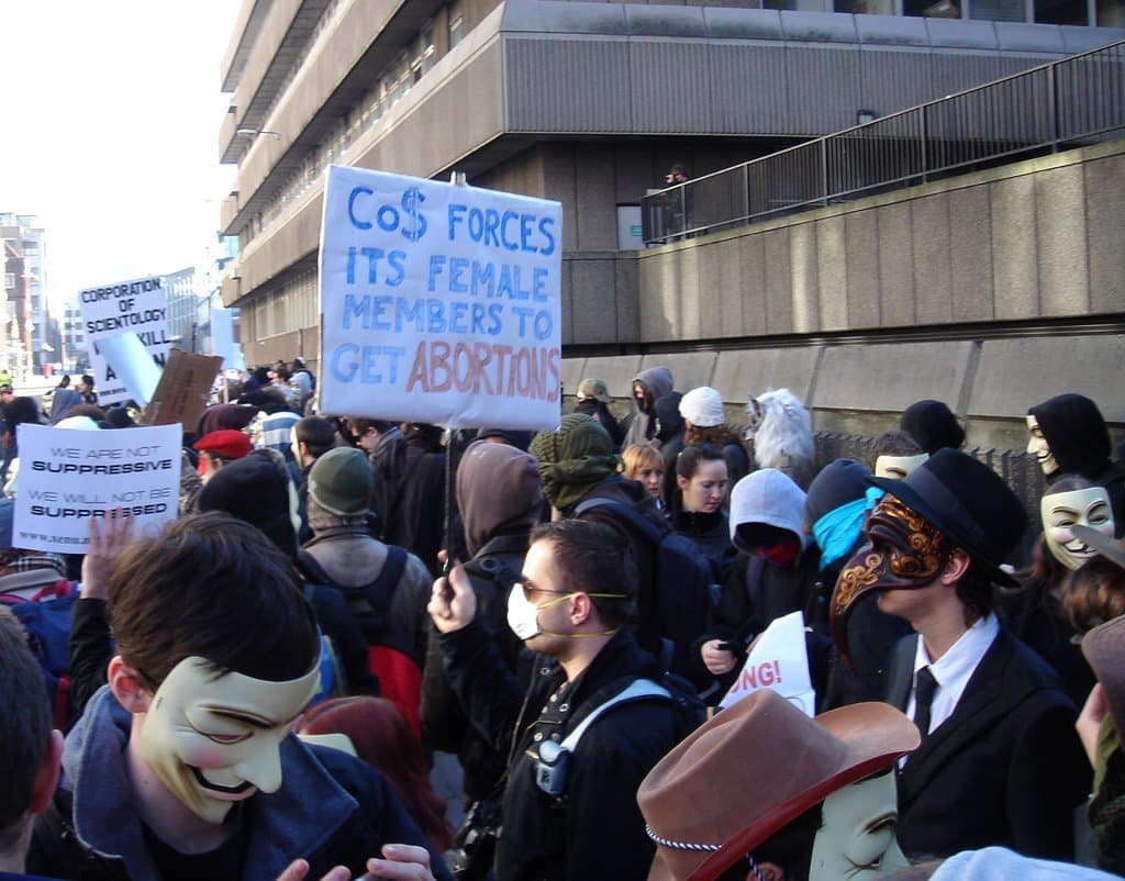 Placard about the Sea Organization at a London protest