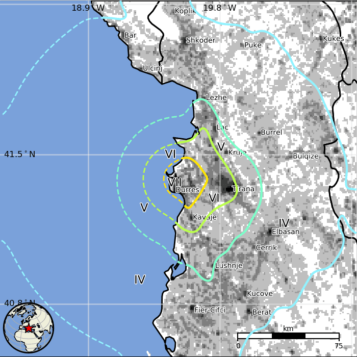 Estimated population exposure map, 2019 Albania earthquake