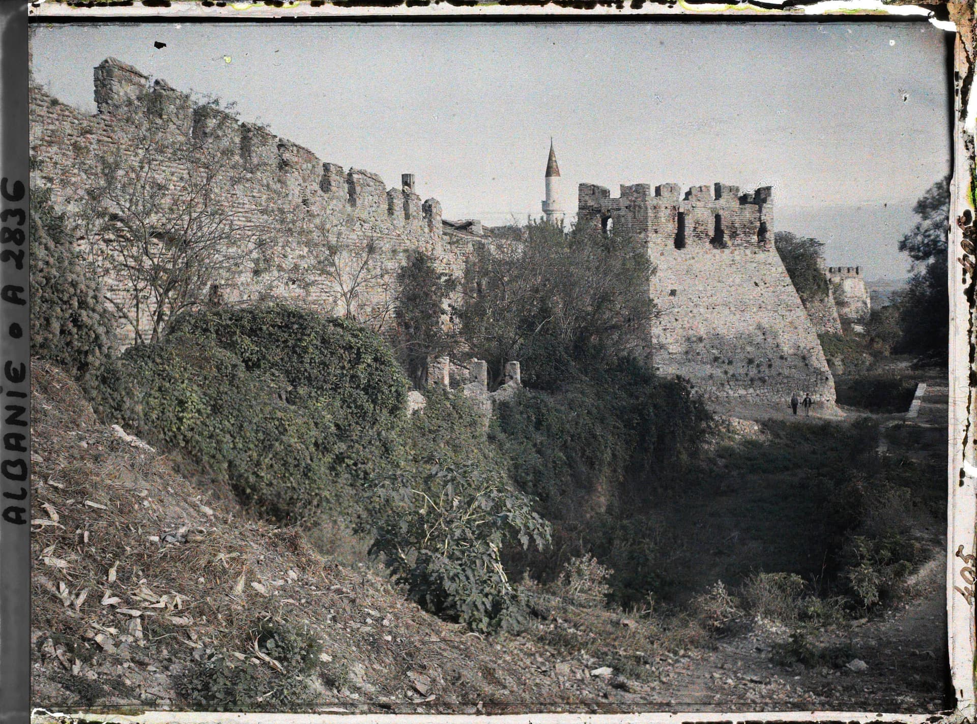 Fortifications and a mosque minaret over the Gulf of Durazzo, 1913
