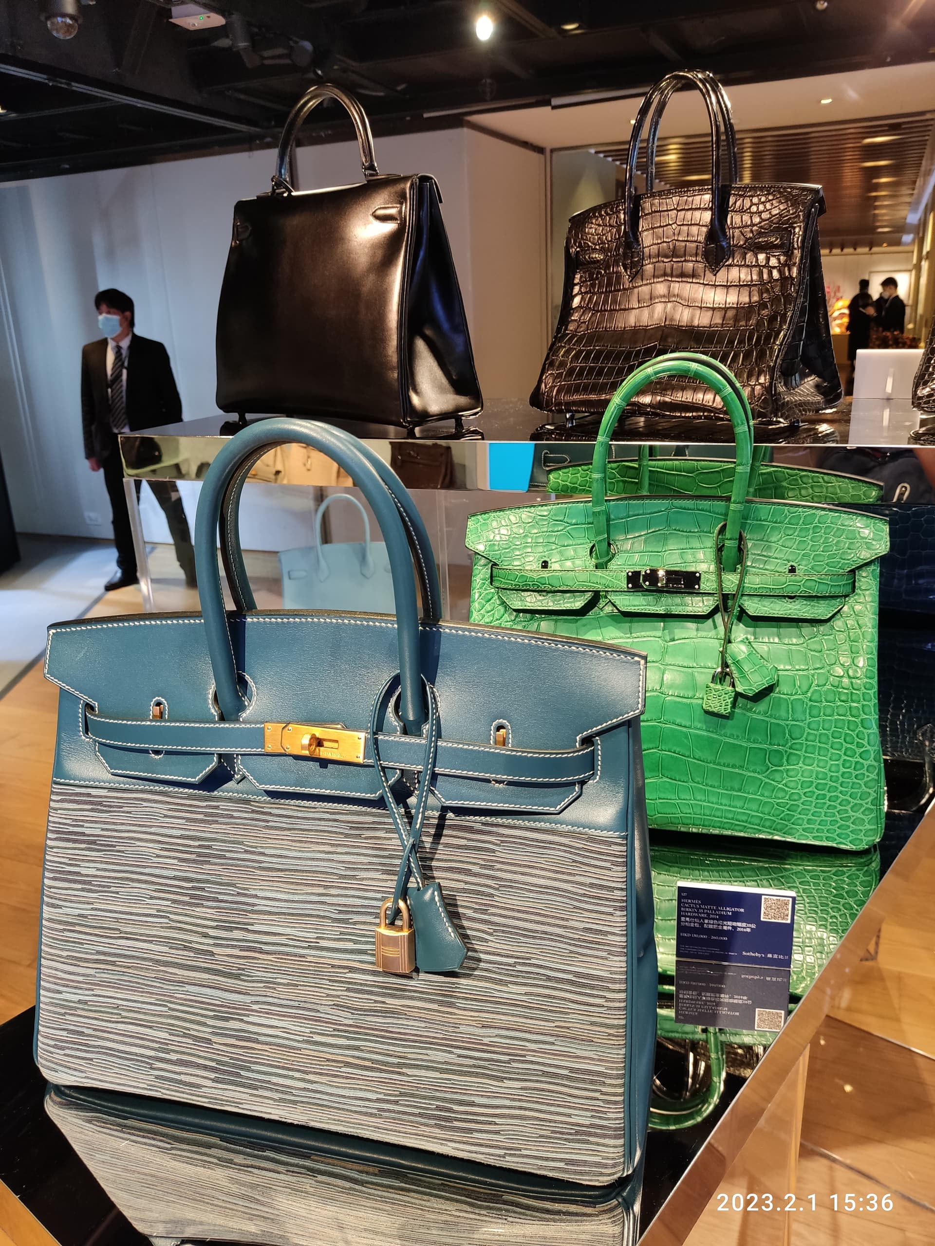 Hermès bags at a Sotheby's preview, Hong Kong