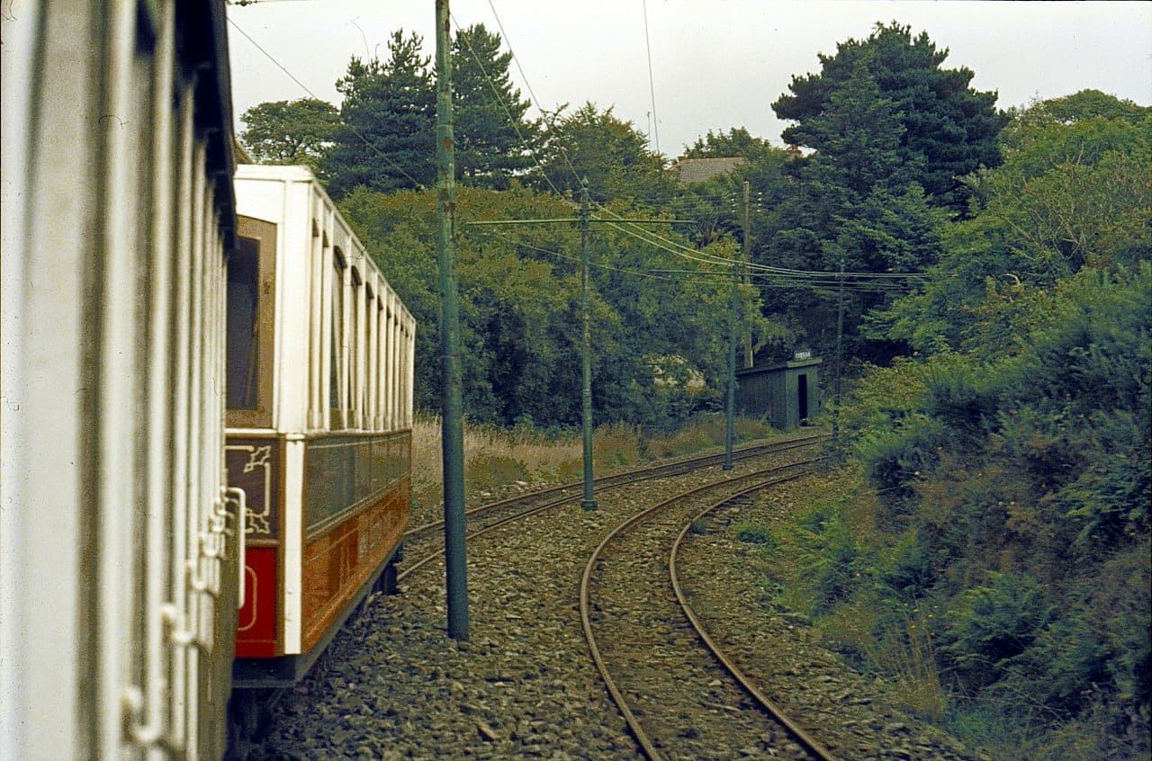 Manx Electric Railway train approaching Cornaa 1973