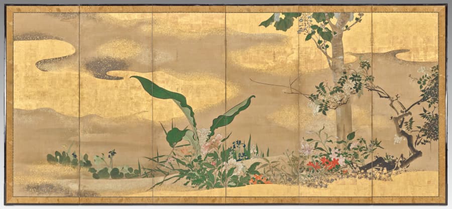 Flowers and Trees of the Four Seasons (right screen), a second example by Watanabe Shikō