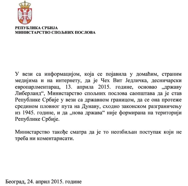 Serbia's foreign ministry statement on Liberland