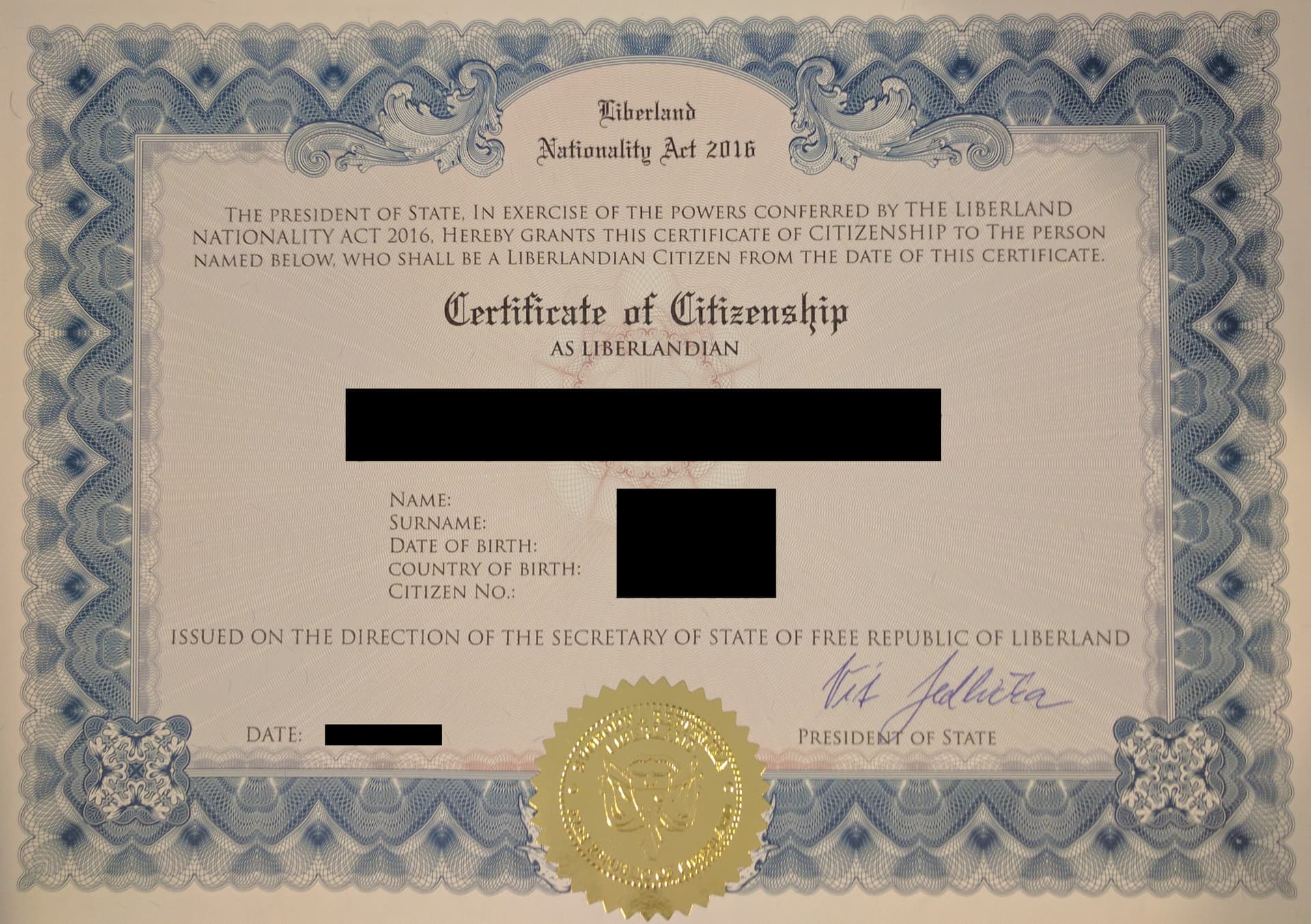 Liberland citizenship certificate