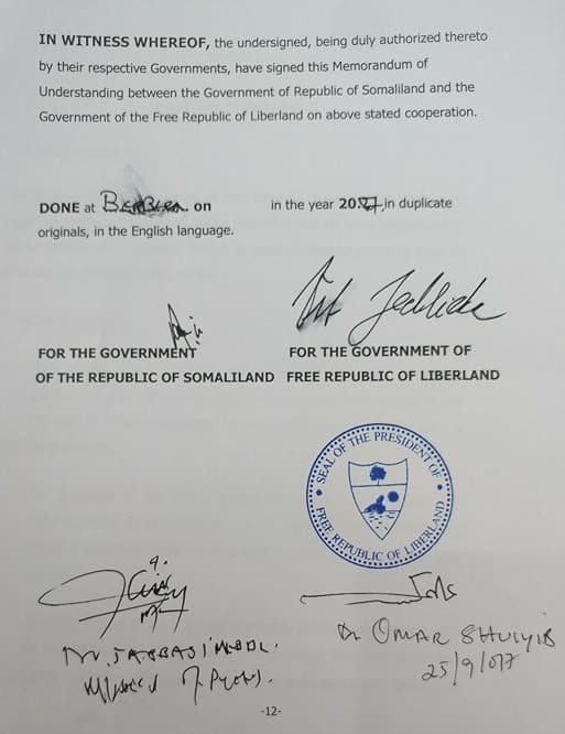 Somaliland-Liberland mutual recognition document