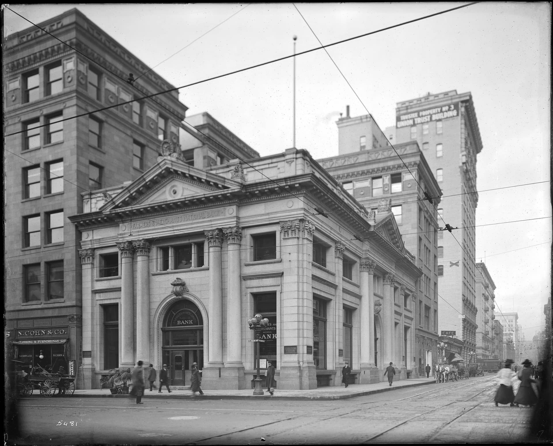 Exterior view of the Farmers and Merchants National Bank, on the corner of Main Street a…