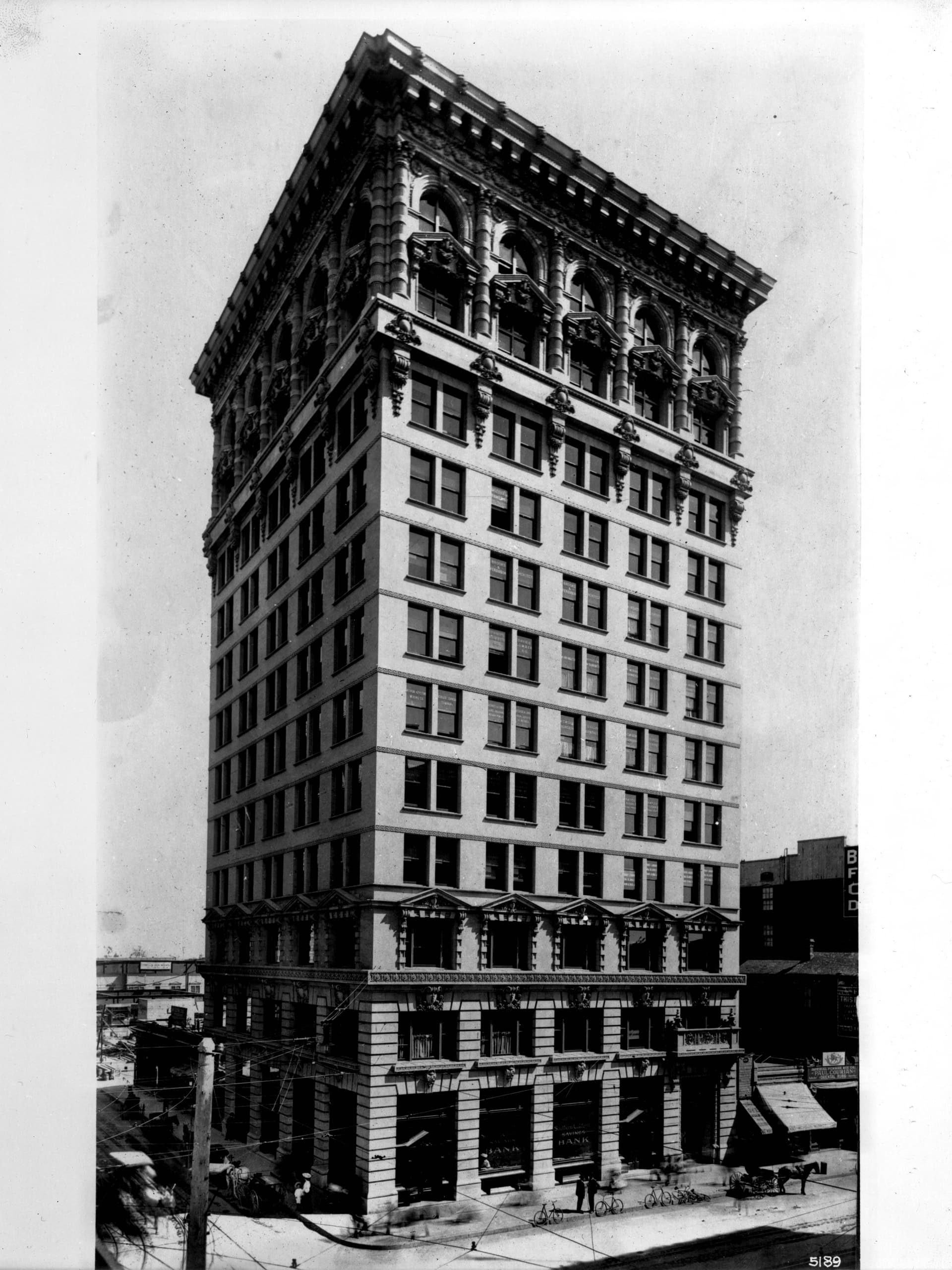 Exterior view of the Braley Building (later the Hibernian Building), corner of Fourth St…