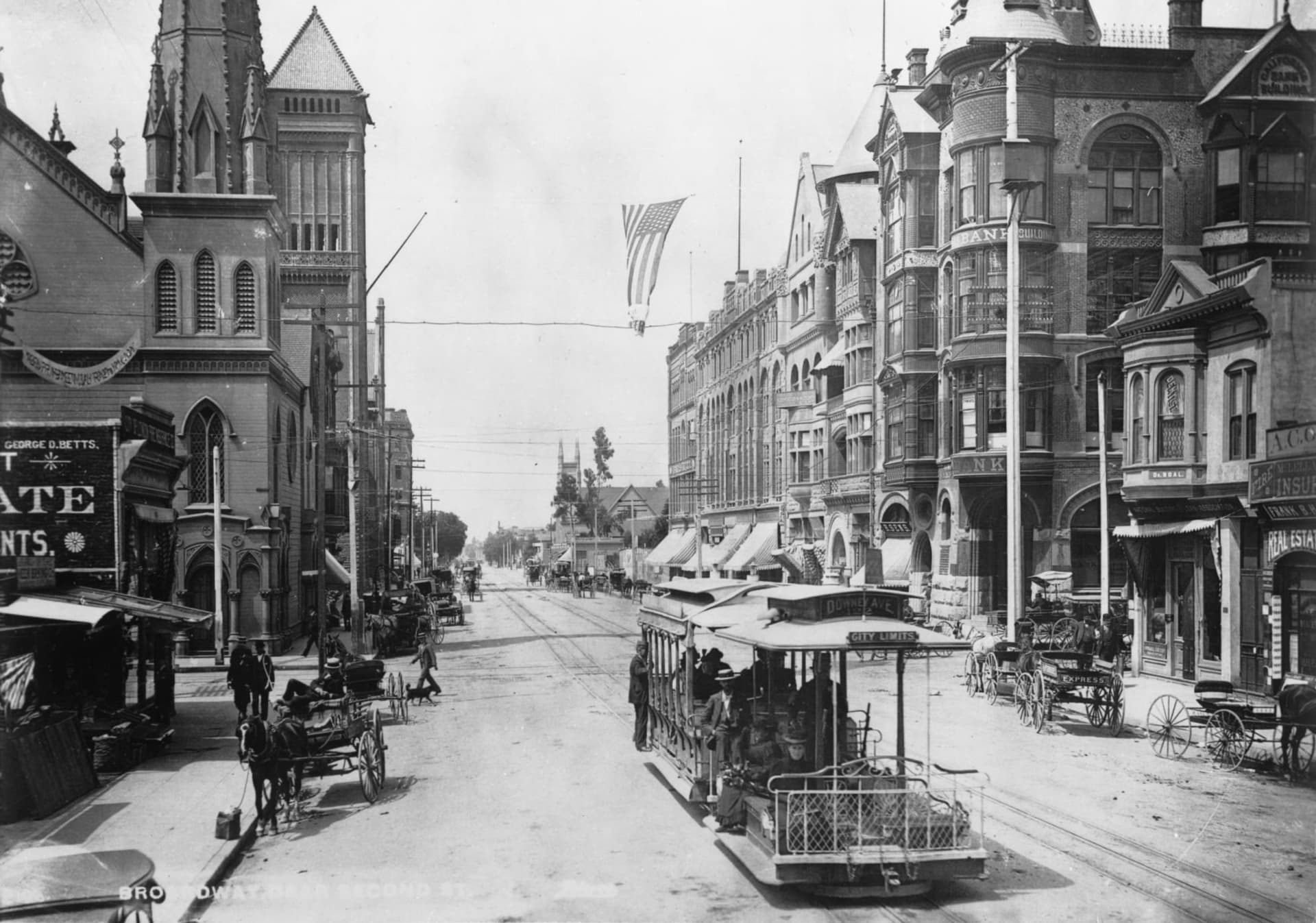 Broadway looking south from Second Street showing a cable car, Los Angeles, ca.1893-1895…