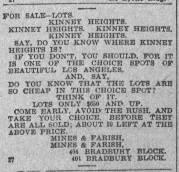 "For Sale - Lots" The Los Angeles Times, September 27, 1902