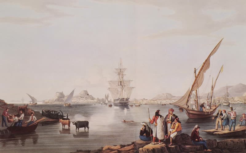Aquatint of Corfu town seen from Vido island