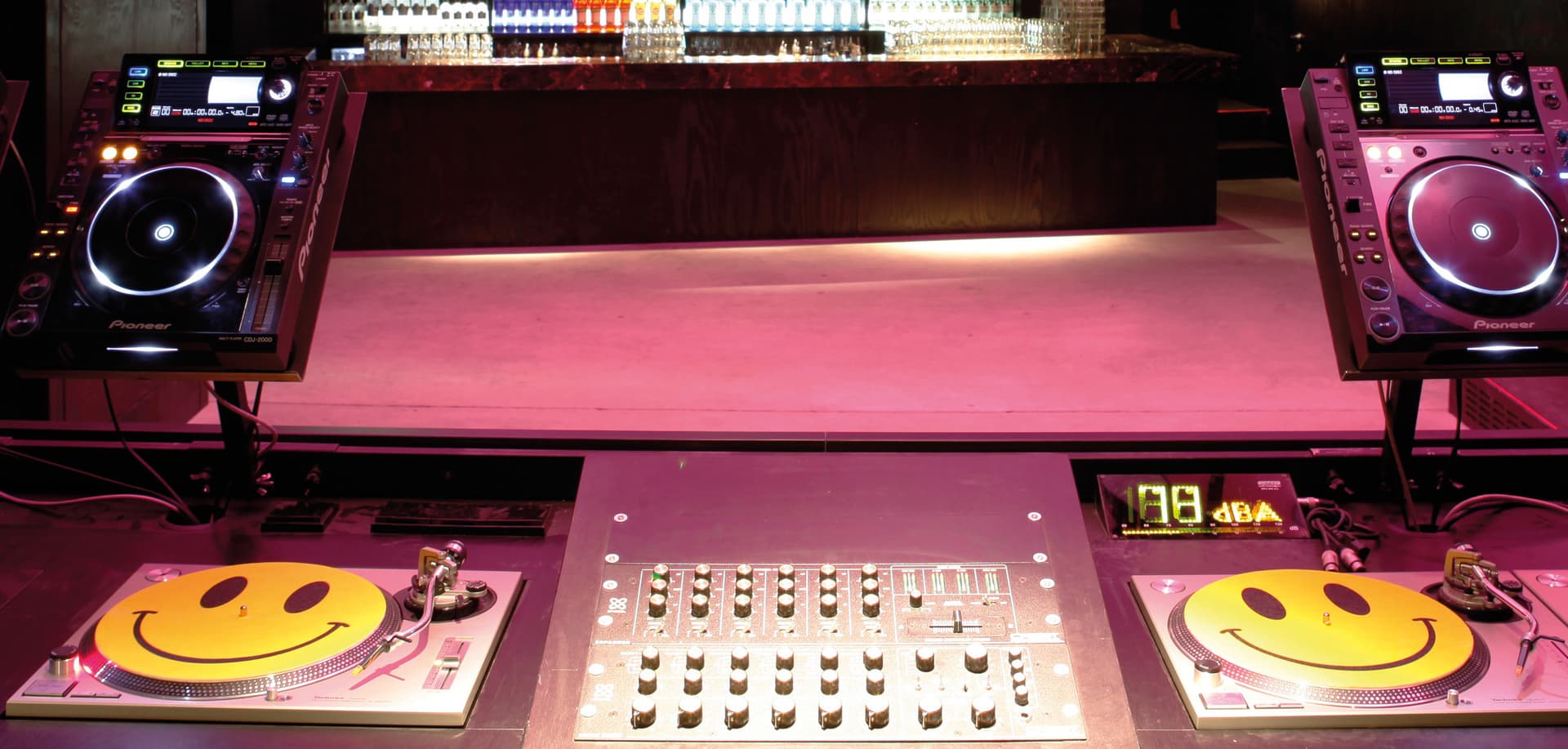 DJ booth with CDJs and mixer, Bob Beaman club, Munich