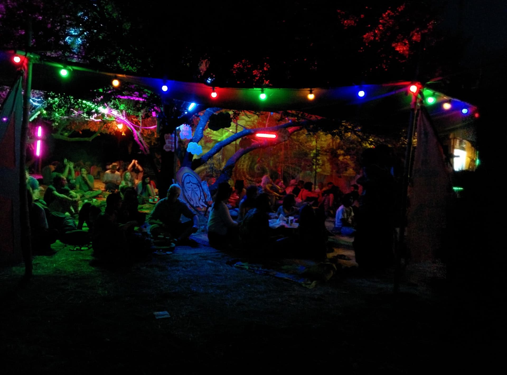 Painted bar front strung with coloured lights, Boom 2014