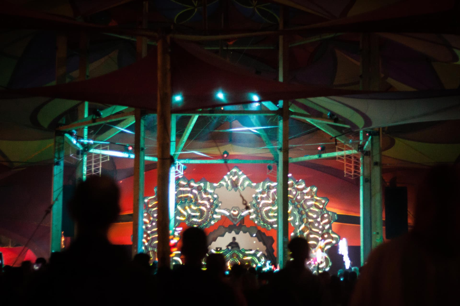 Stage interior lit in blue and red