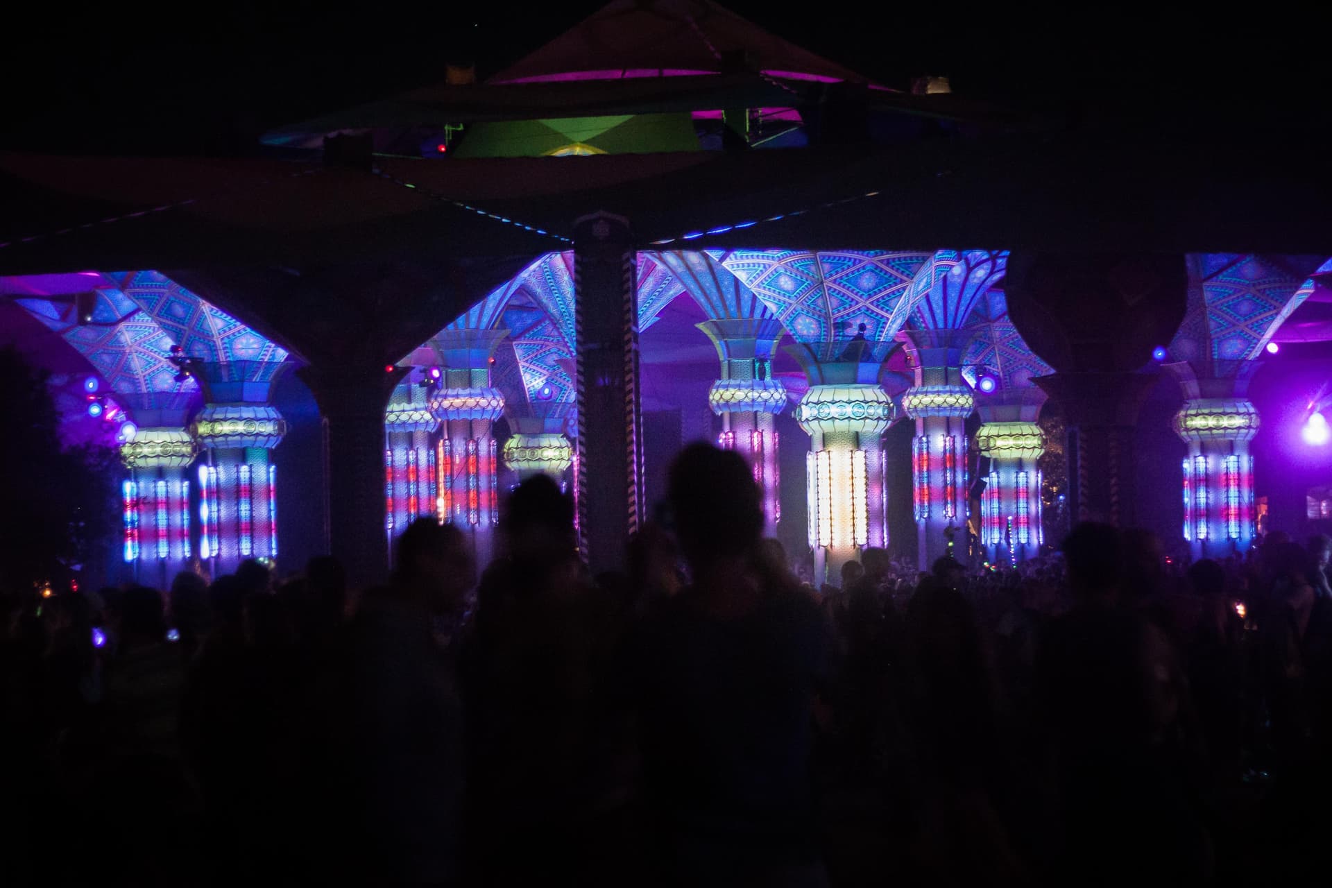 The Dance Temple stage lit at night