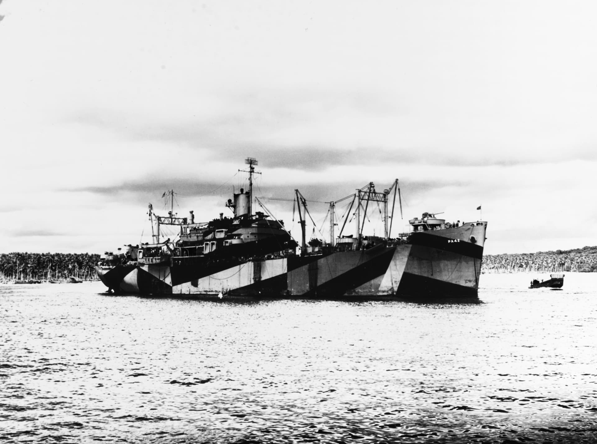 USS Elmore (APA-42) at Pavavu, Russell Islands, circa in early May 1944 (USMC 87506)