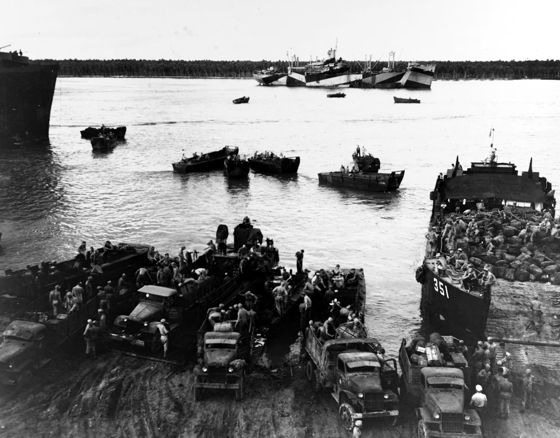 USS Elmore (APA-42) off Pavavu, Russell Islands, in May 1944 (USMC 86294)
