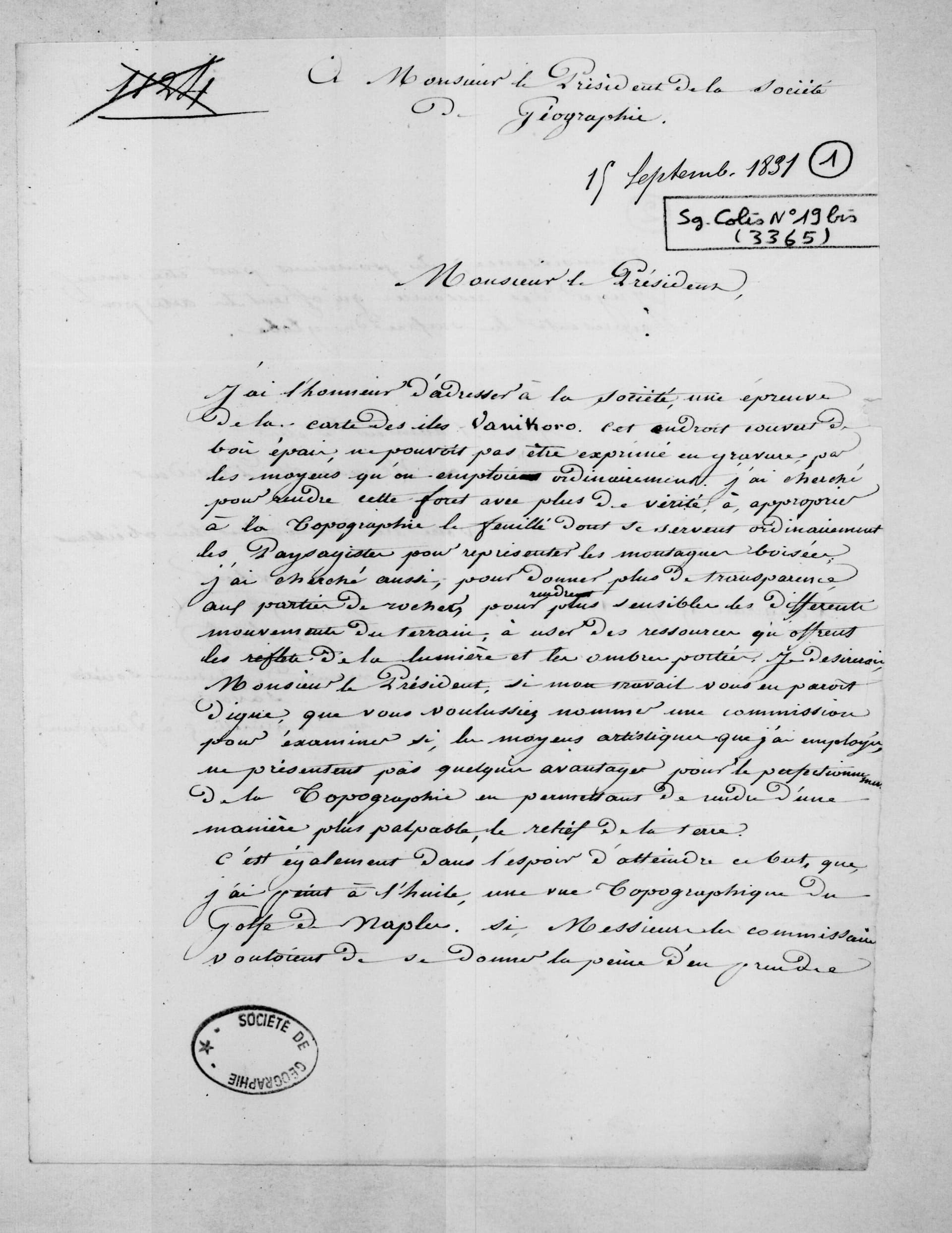 Lettre de Jean-François Caplin au sujet de sa carte gravée des îles Vanikoro, Vaugirard, 15 septembre 1831 - (1 of 2)