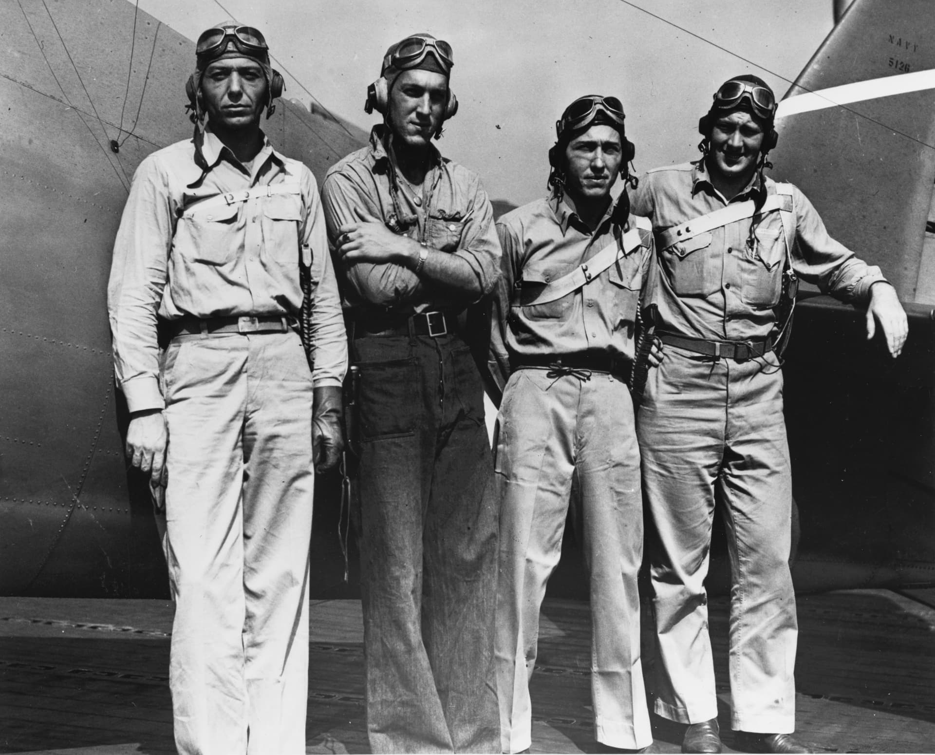Four pilots of VF-6 aboard USS Enterprise (CV-6) on 10 August 1942 ( )