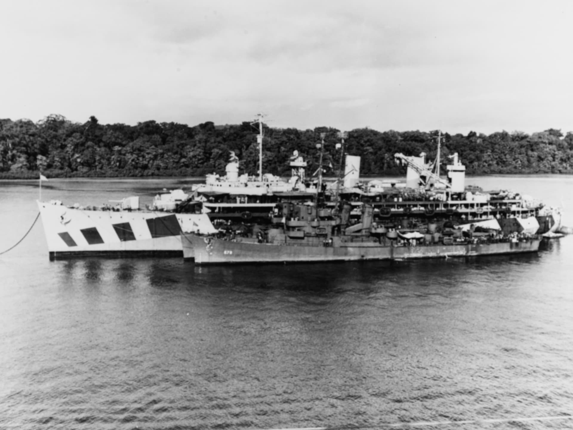 USS Dixie (AD-14) with Harmon (DE-678) at New Georgia 1944