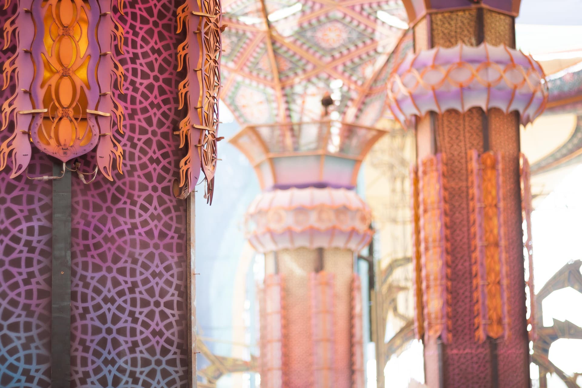 Painted and draped columns of a pavilion