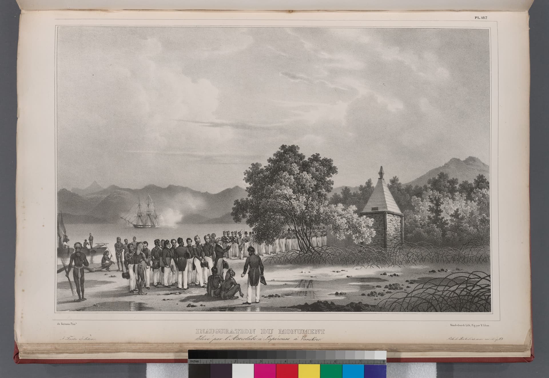 Inauguration du monument, elevé par l' Astrolabe à Lapérouse (i.e., La Pérouse) à Vanikoro (NYPL b13624459-1266957)