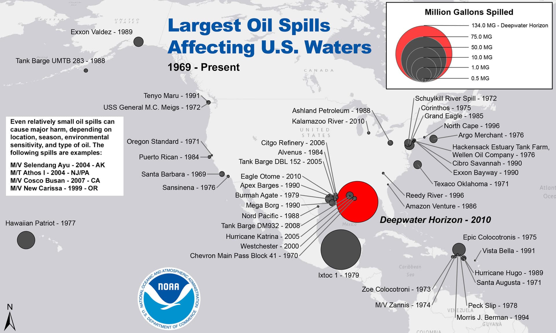 Chart of the largest oil spills in United States waters since 1969