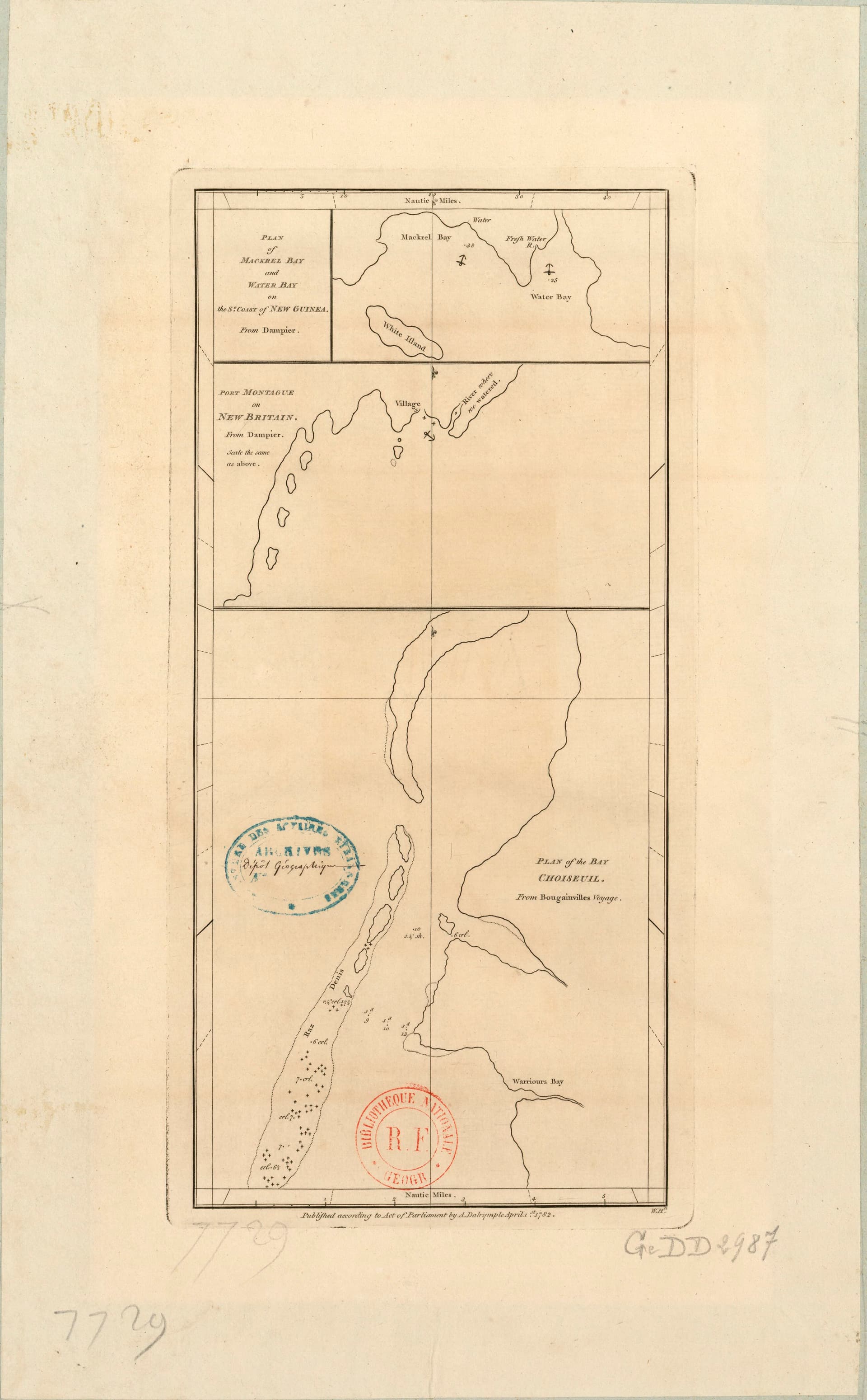 Plan of the bay Choiseuil from Bougainvilles voyage ; Plan of Mackrel bay and water bay on the s. coast of New Guinea from Dampier ; Port Montague on New Britain from Dampier - W.H. (sculp.)