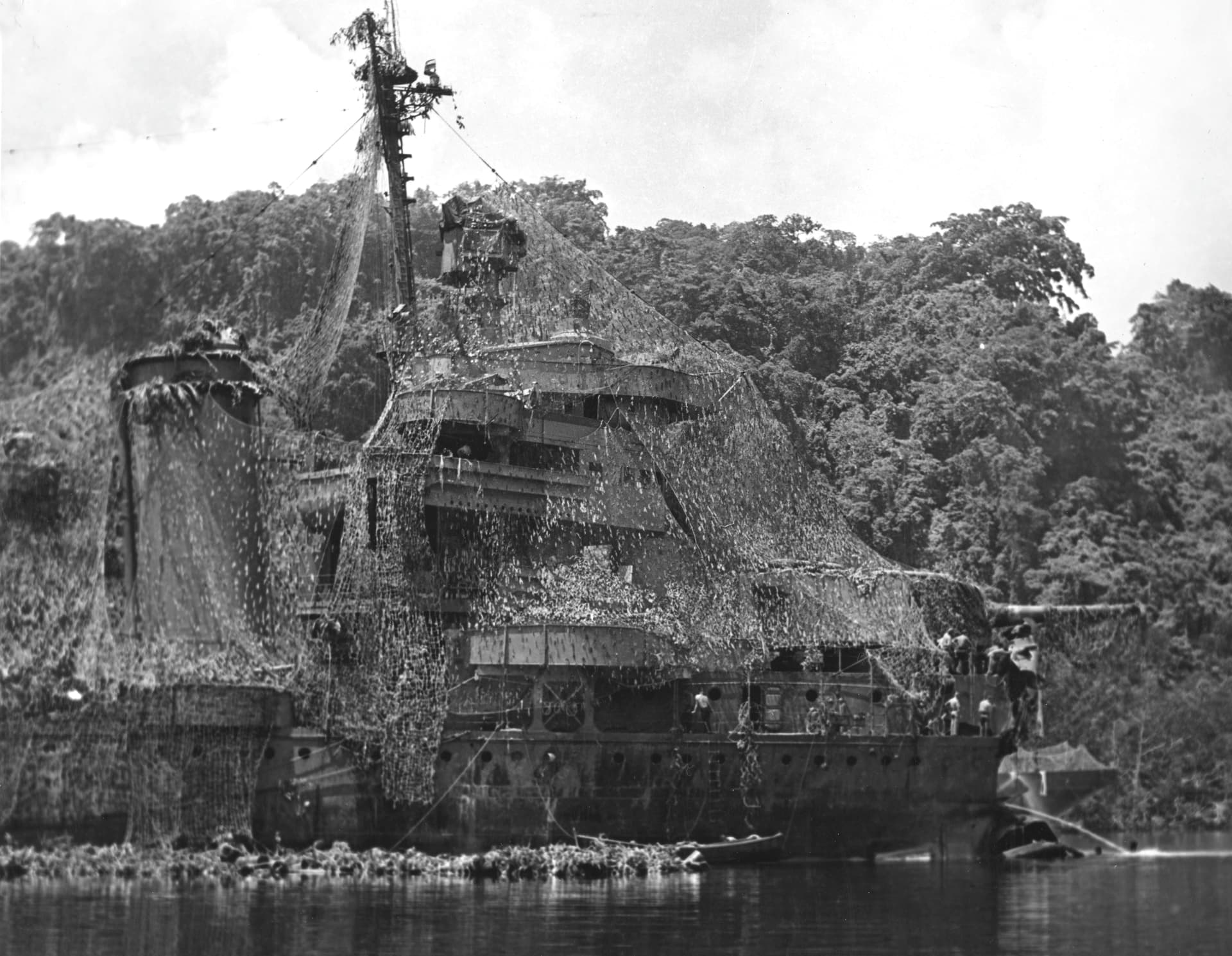 Camouflaged bridge of USS New Orleans (CA-32) at Tulagi, in December 1942