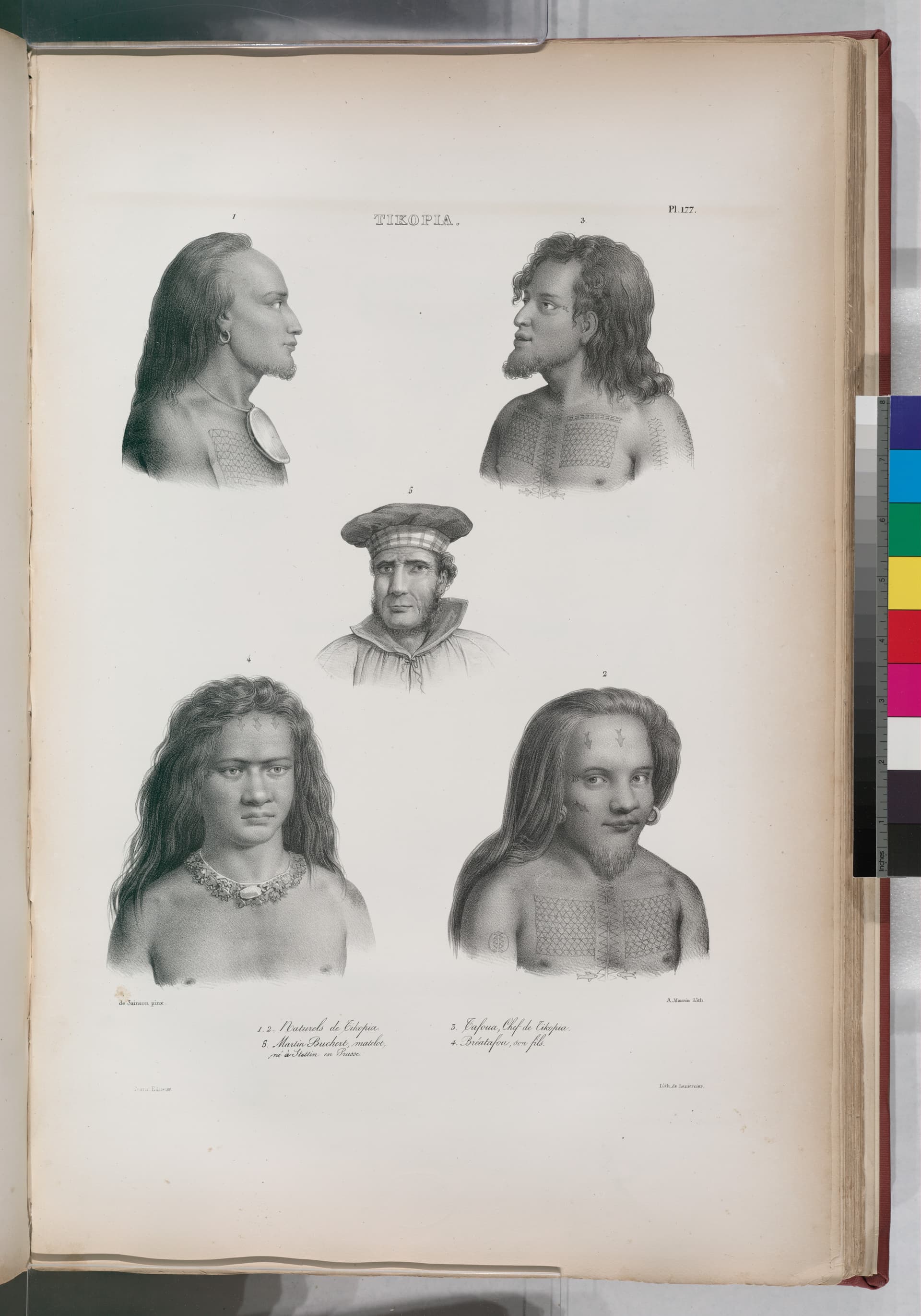Tikopia.- 1. 2. Naturels de Tikopia; 3. Tafoua chef de Tikopia; 4. Bréatafou, son fils; 5. Martin Buchert, matelot, né à Stettin en Prusse (NYPL b13624459-1266948)