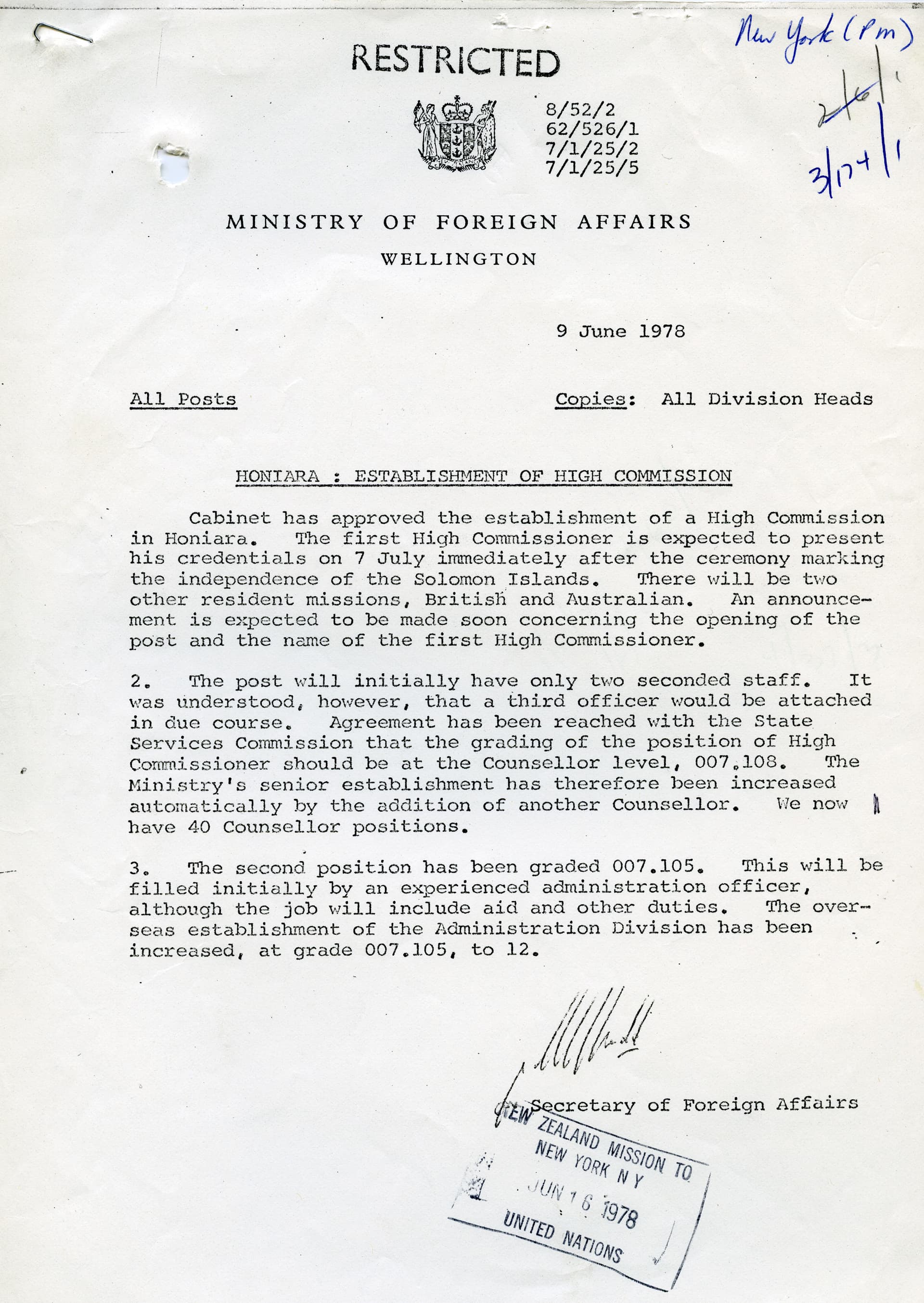 New Zealand file on Solomon Islands independence, June 1978