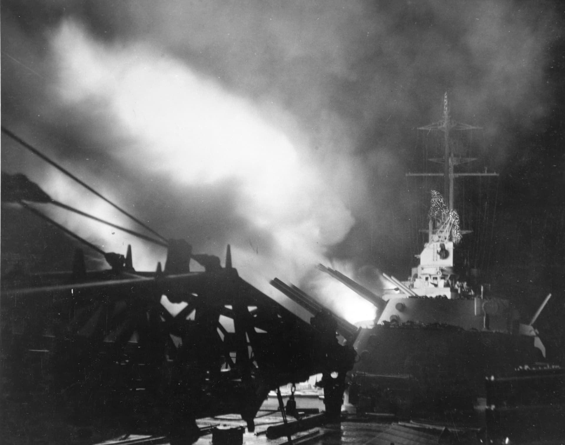 USS Columbia (CL-56) shelling Japanese facilities in the Shortlands on 1 November 1943