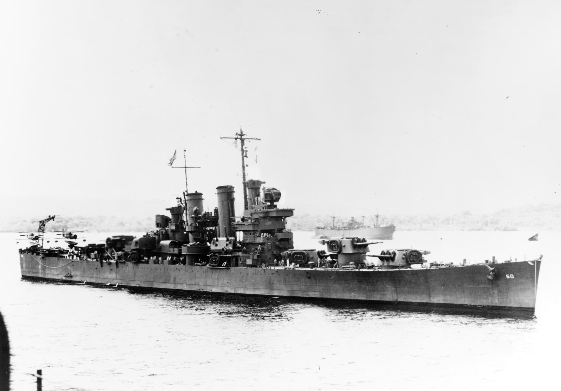 USS Helena (CL-50) at a South Pacific base, circa in 1943 (NH 95814)