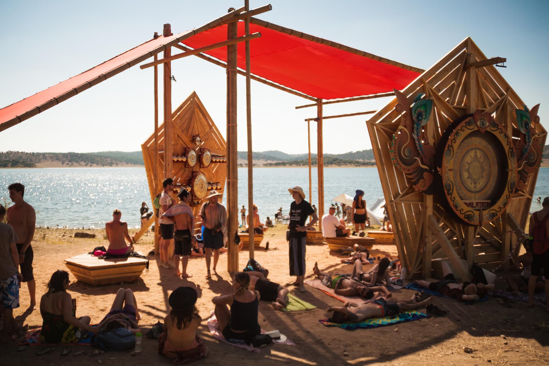 Timber shade structure on the lakeshore