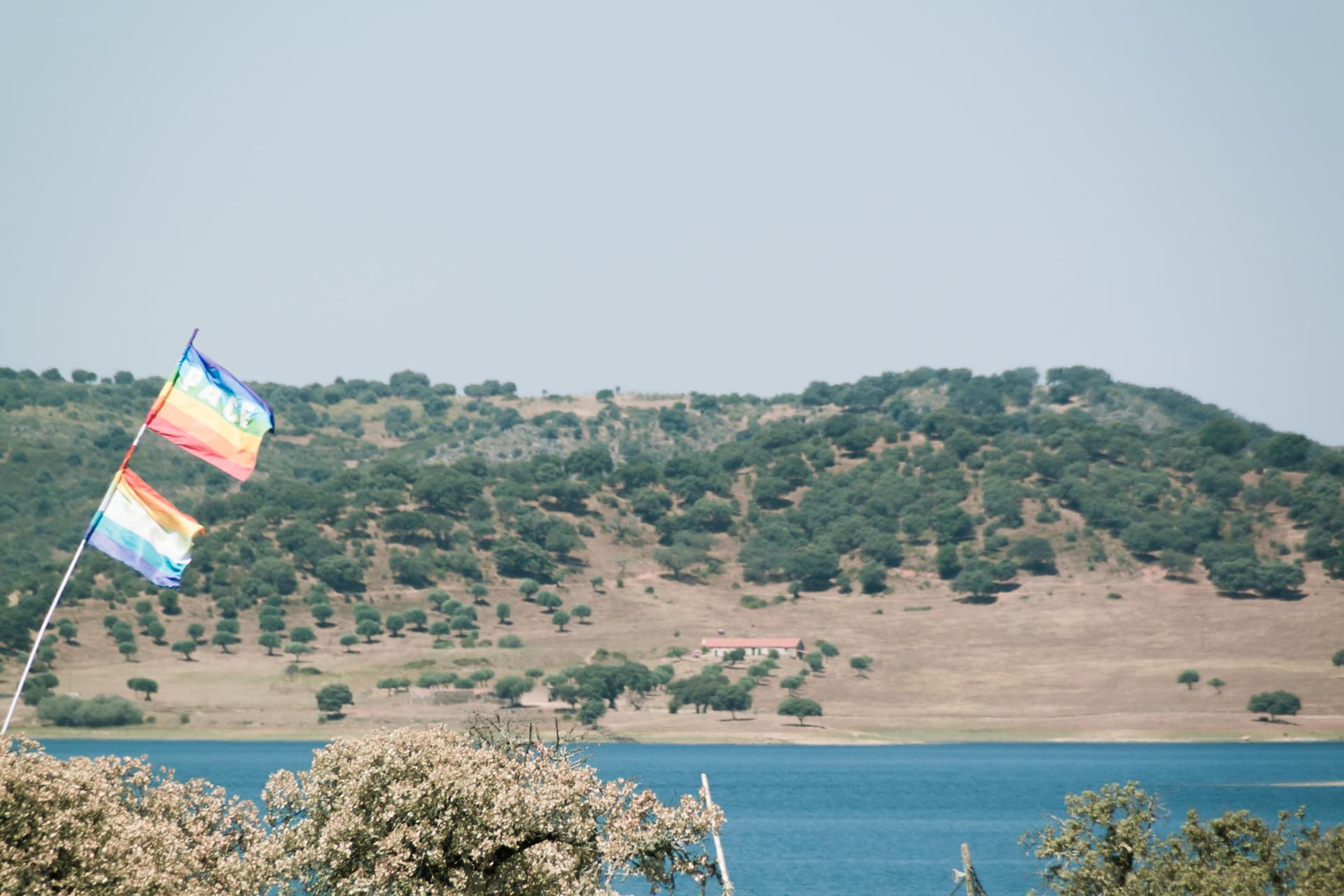 Flag above the reservoir and hills