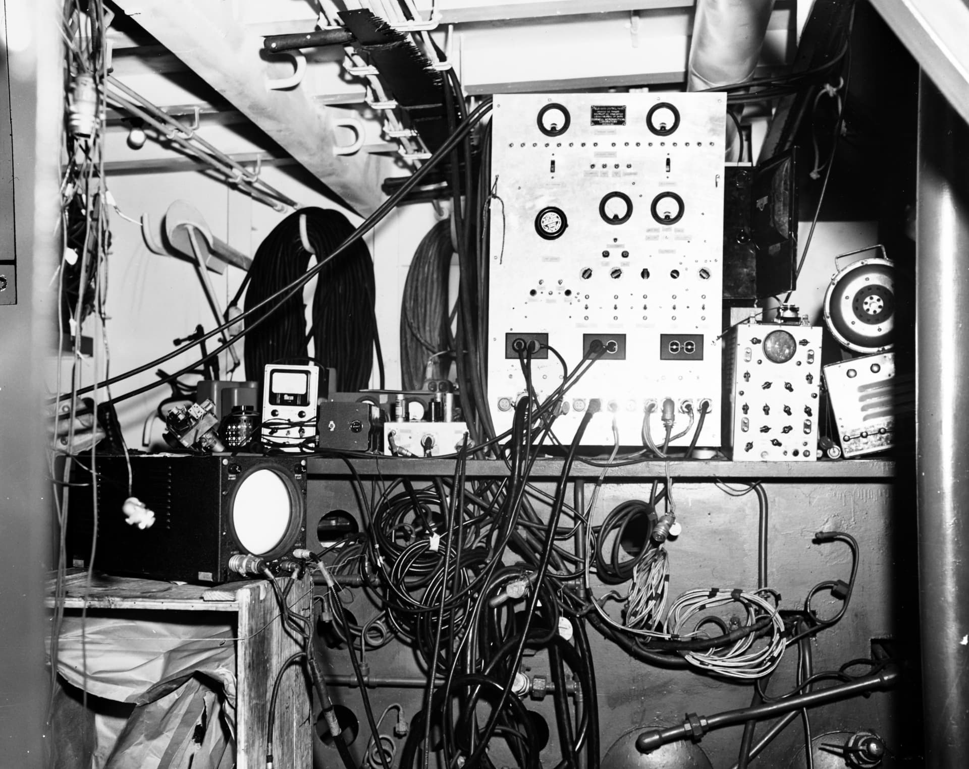 Underwater television camera controls aboard USS Coucal at Bikini, 1947